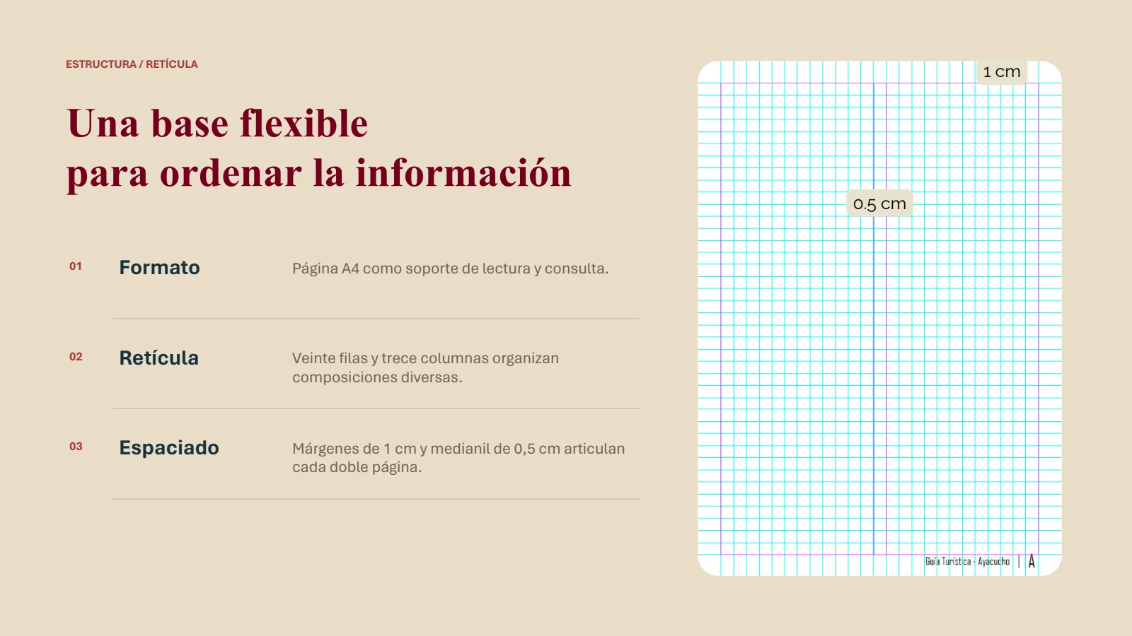 Retícula de veinte filas y trece columnas de la guía