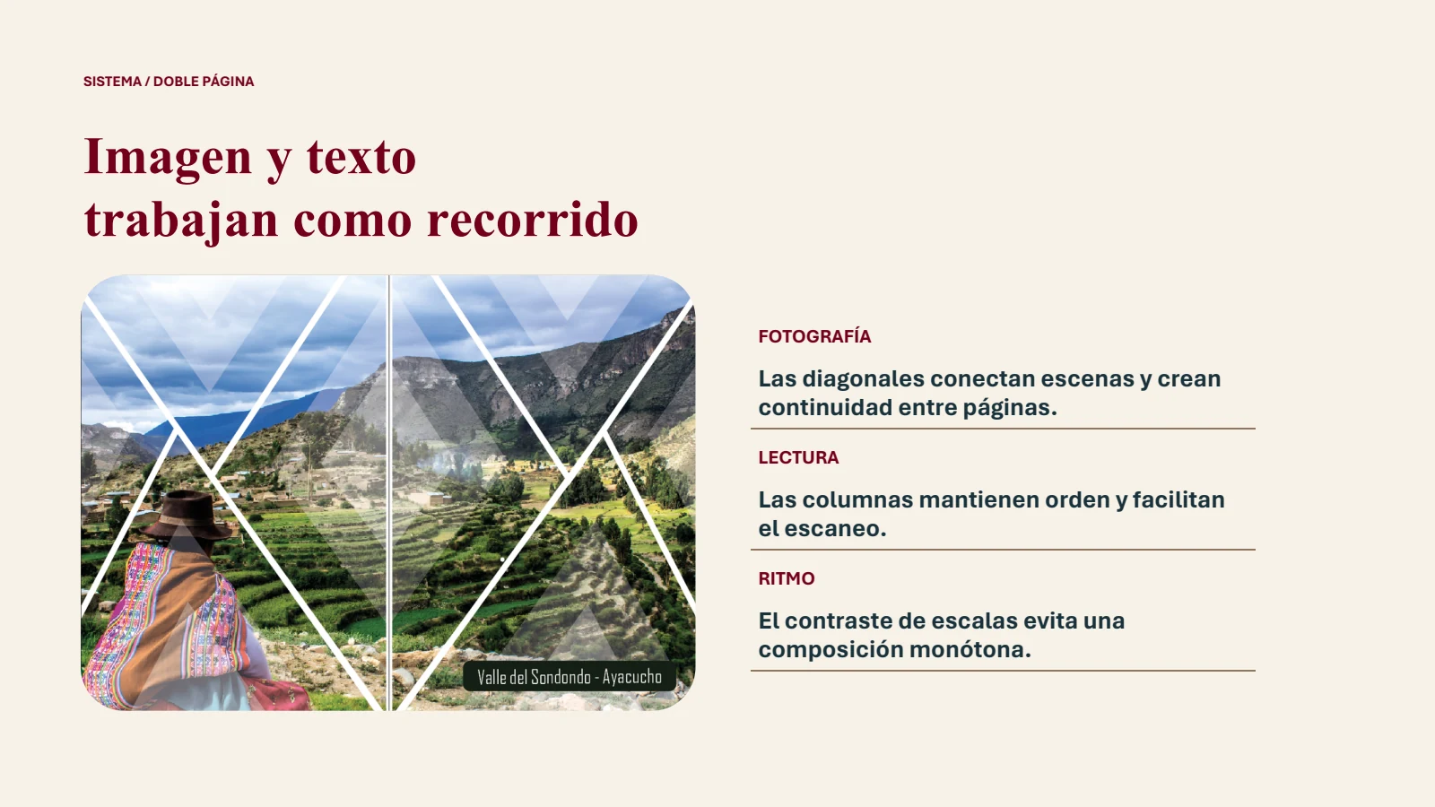 Sistema de doble página con diagonales, fotografía y columnas