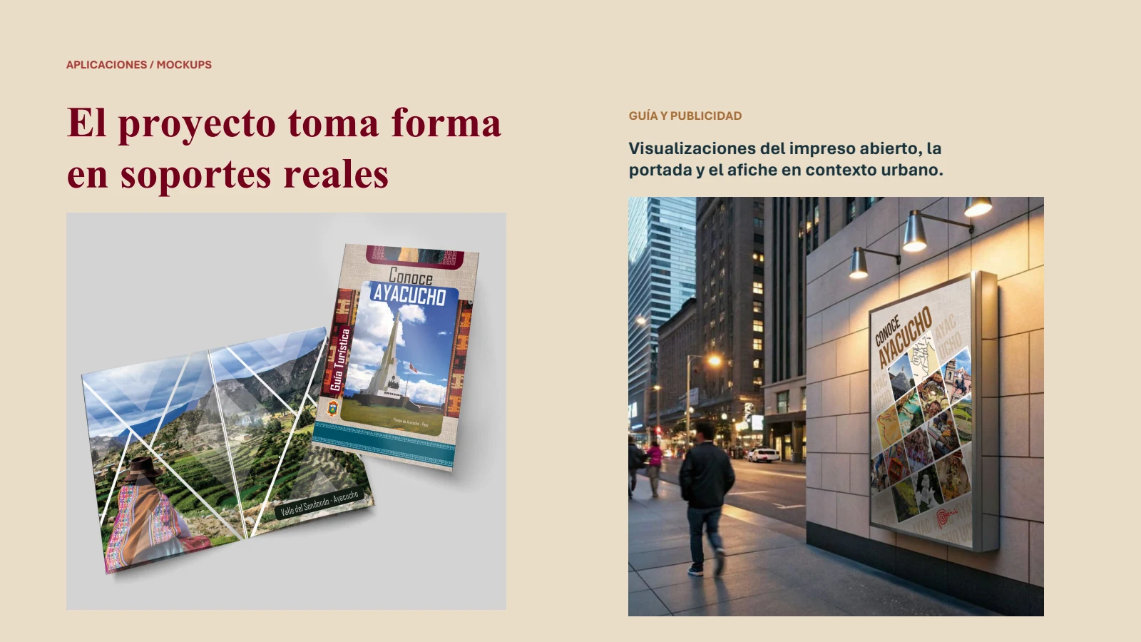 Mockups de la guía abierta y afiche en contexto urbano