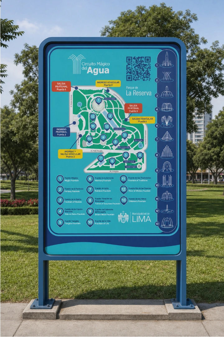 Mockup del mapa general propuesto con accesos, fuentes numeradas y referencias del parque