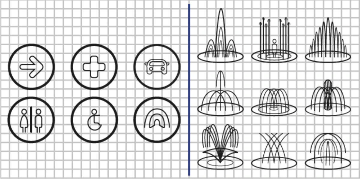 Retícula de construcción digital de símbolos de servicios y fuentes ornamentales
