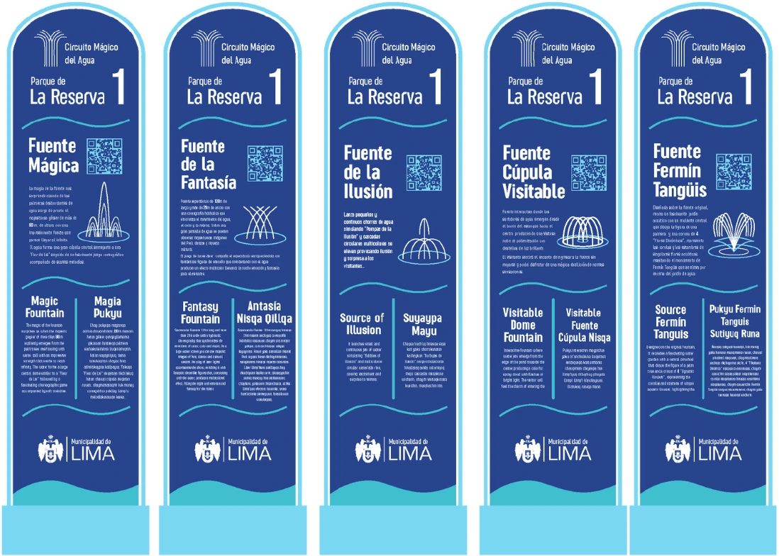 Diseños de cinco tótems informativos para las fuentes del Circuito Mágico del Agua
