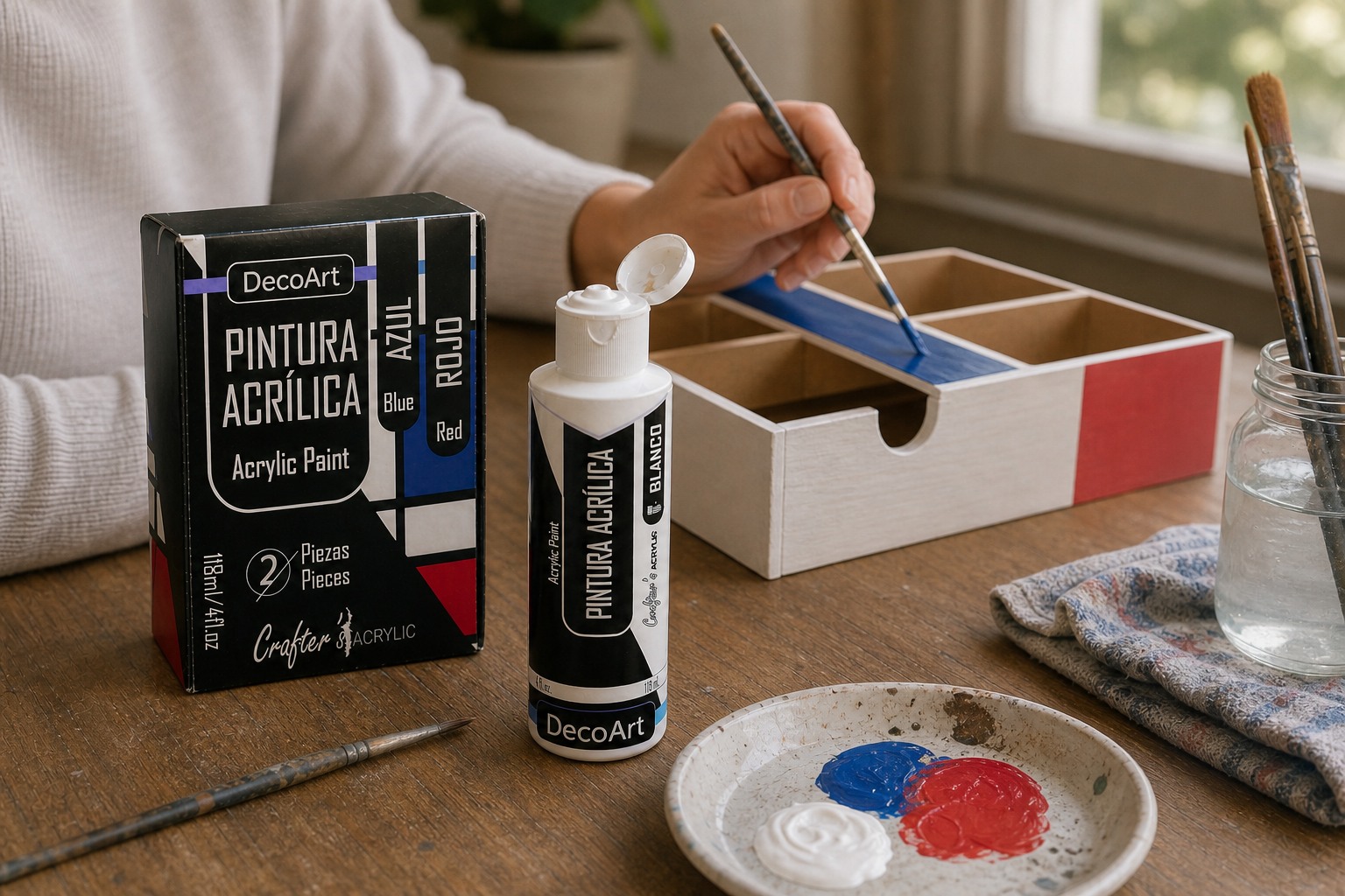 Crafter's Acrylic en uso durante una actividad doméstica de pintura sobre un organizador de madera