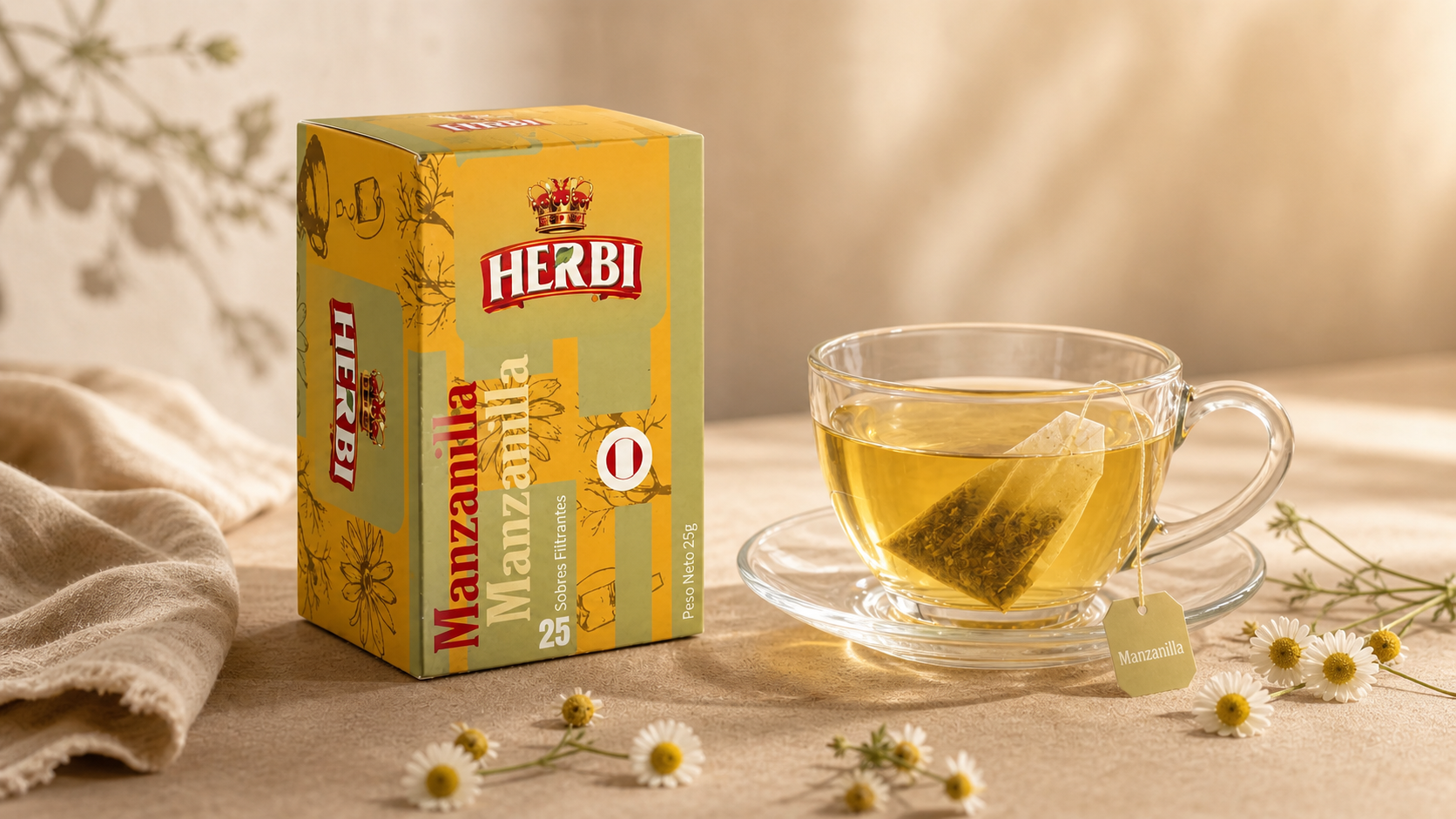 Mockup editorial del packaging Herbi Manzanilla junto a una taza de infusión