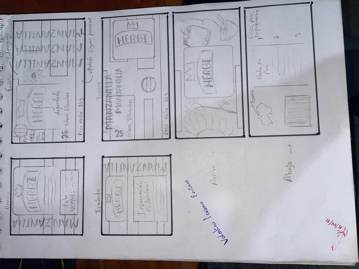 Bocetos manuales de la retícula del empaque Herbi