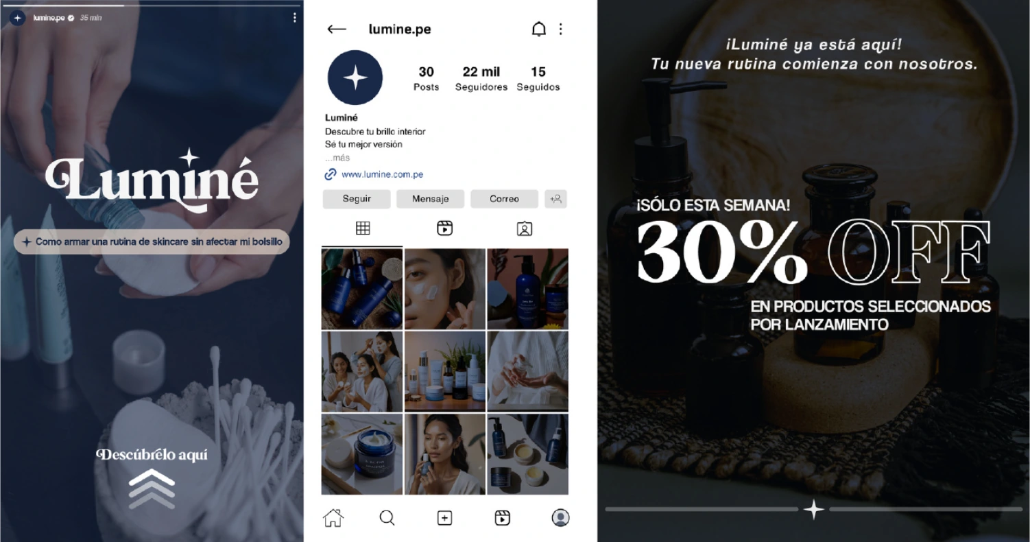 Propuestas de historia, perfil de Instagram y promoción de lanzamiento Luminé