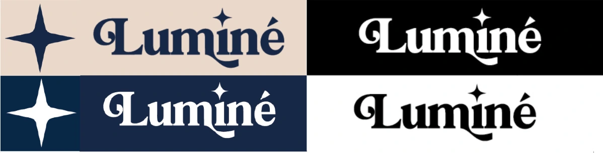 Variantes originales del identificador Luminé: azul sobre beige, blanco sobre azul, positivo y negativo