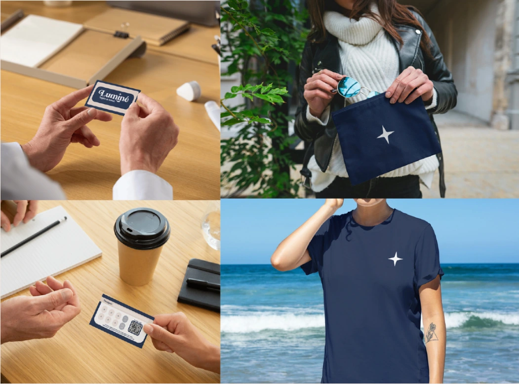 Merchandising Luminé con el destello en bolso y camiseta, y tarjetas de fidelización