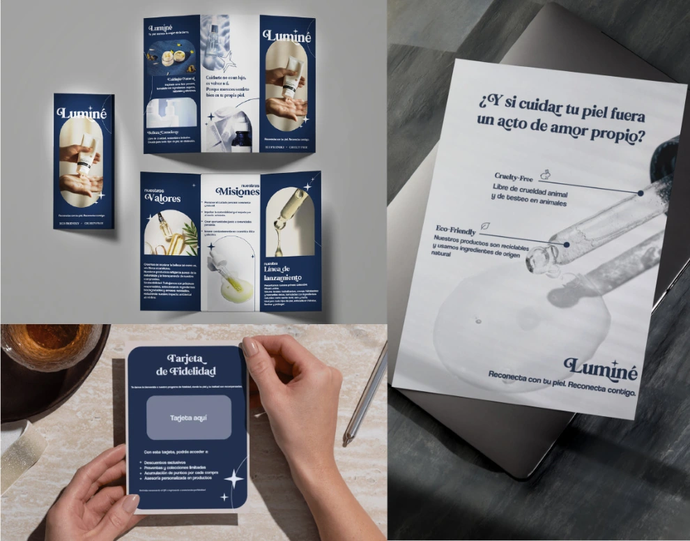 Publicidad de Luminé: folleto, tarjeta de fidelidad y anuncio de cuidado personal
