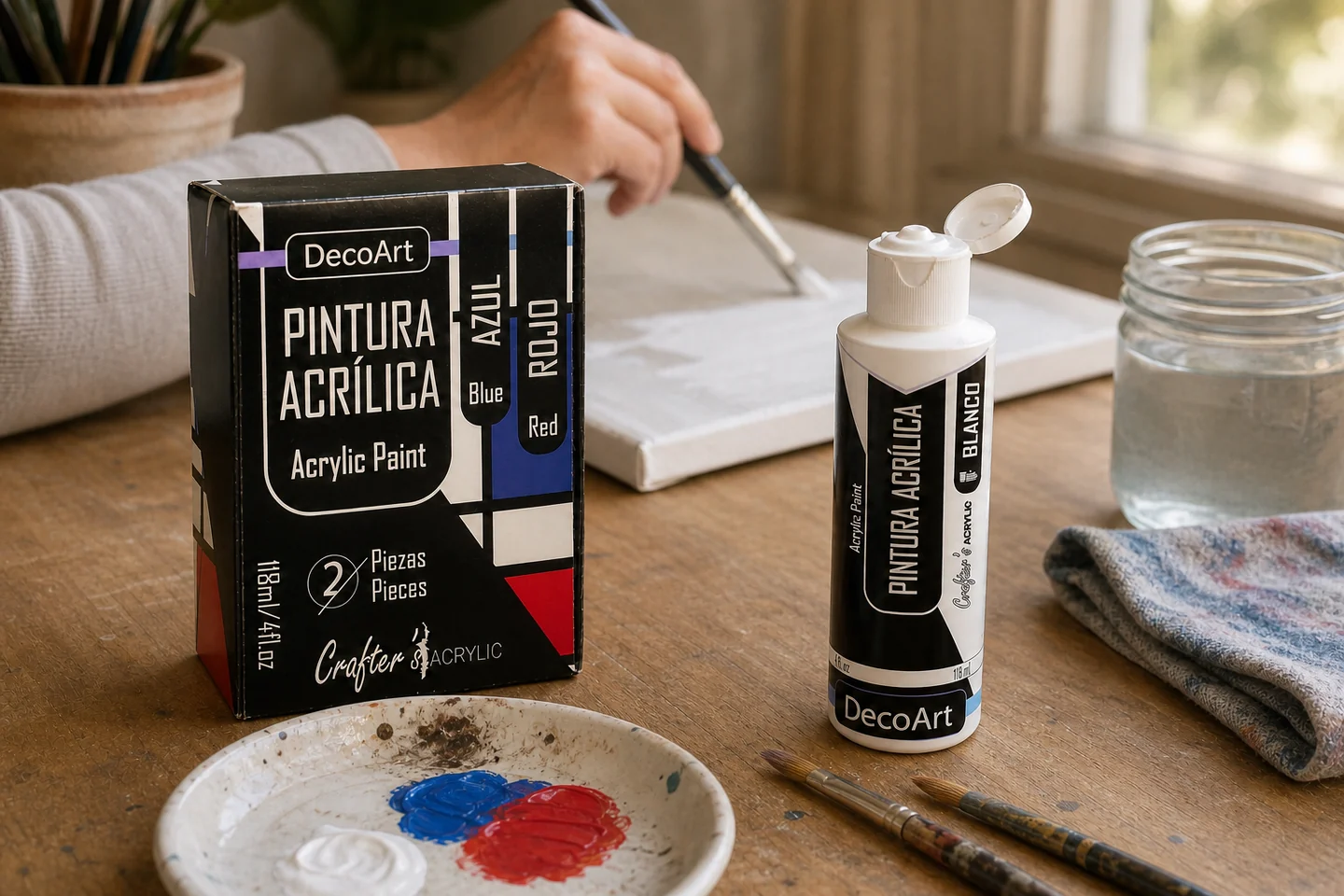 Caja y botella de pintura acrílica DecoArt sobre una mesa de trabajo