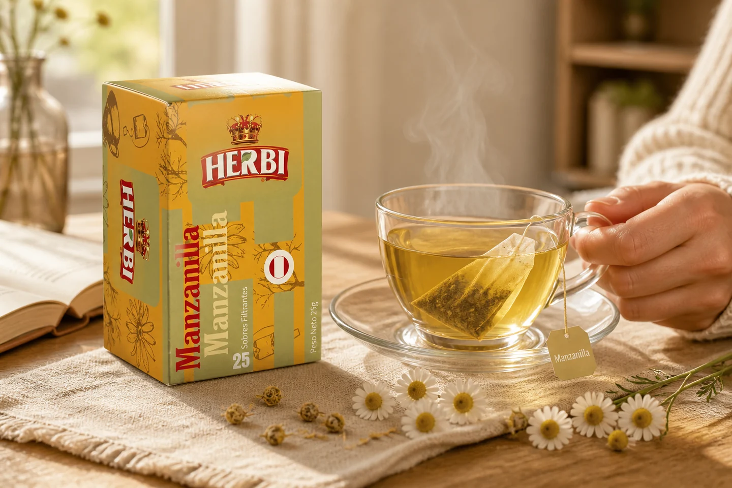 Empaque Herbi de manzanilla junto a una taza de infusión